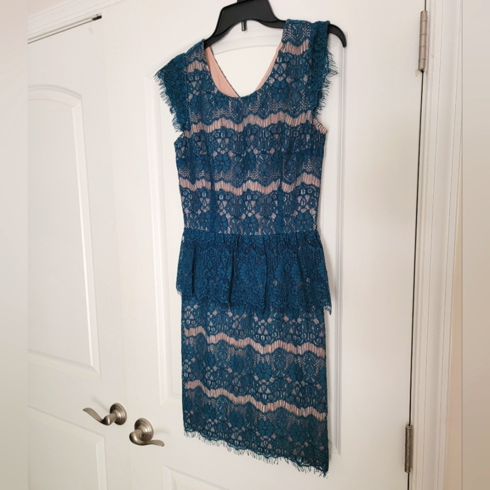 MAEVE BY ANTHROPOLOGIE KNIT LACE OVERLAY EYELET DRESS TURQUOISE NUDE